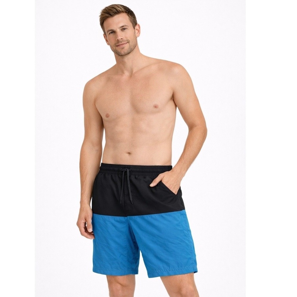 OP Swim Shorts Mens Medium‎ Colorblock Trunks Black Blue Elastic Waist Pockets